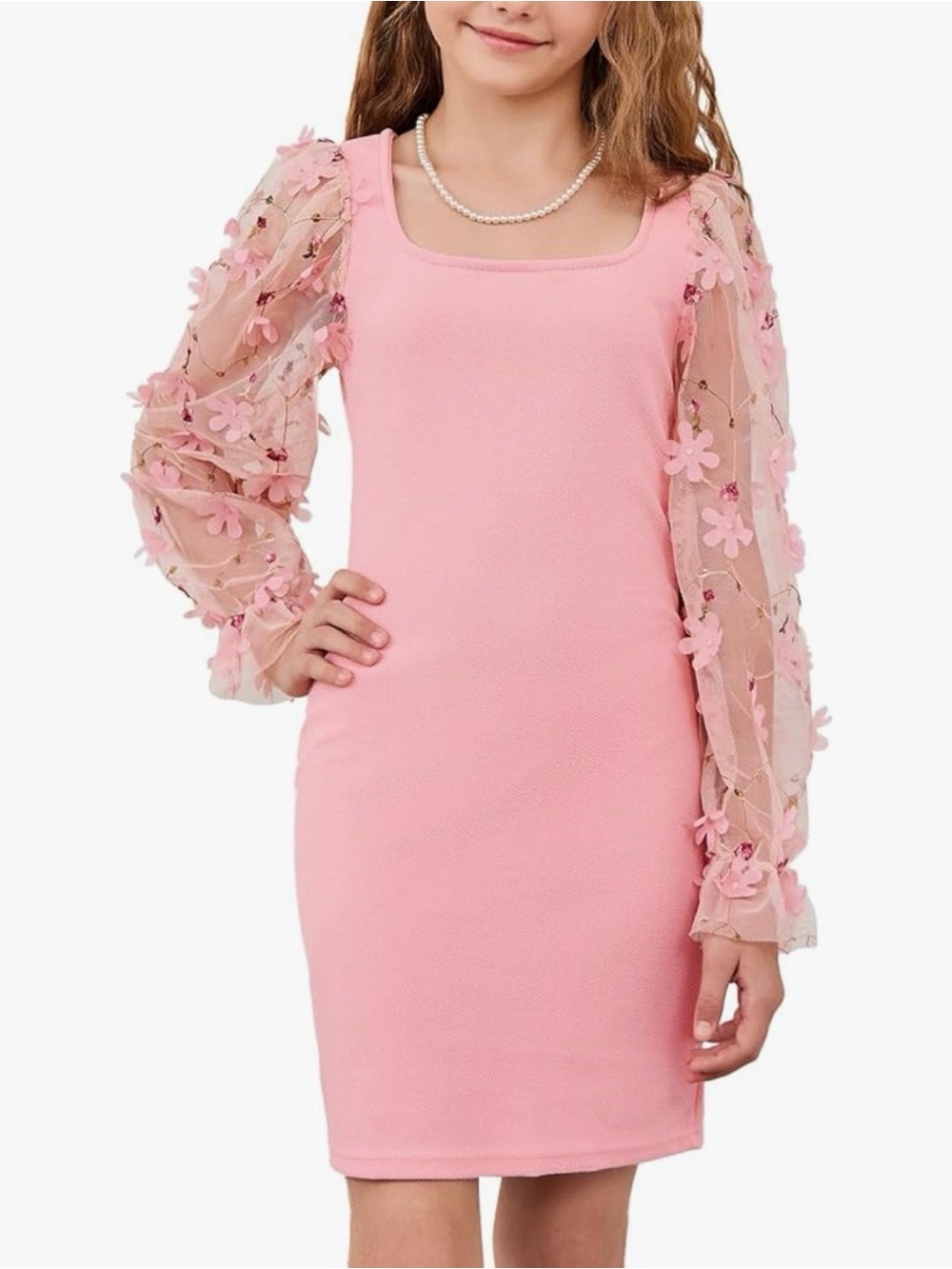 Wdirara Pink sheer puff Sleeve girls Dress